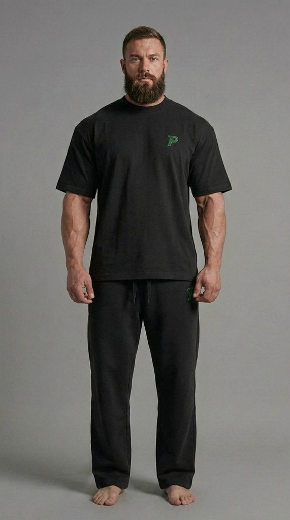 Athlète homme en ensemble noir PUMPY, vue frontale sur fond studio gris